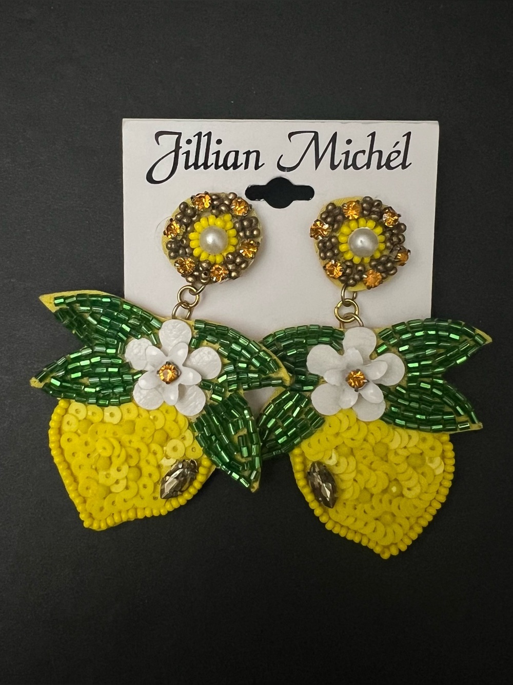 Jillian Michel Lemon & Leaf Sequin, Seed Bead and Rhinestone Post Earrings - NEW